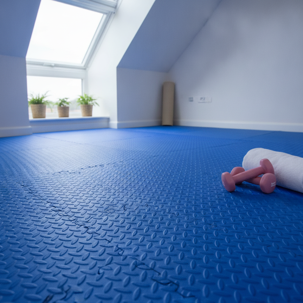 Blue diamond-plate interlocking EVA foam floor tiles fitted in a bright loft yoga and pilates space