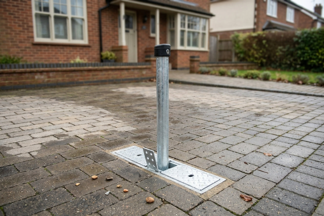 Galvanised fold down parking post installed upright in a block paved driveway, guarding an empty parking space
