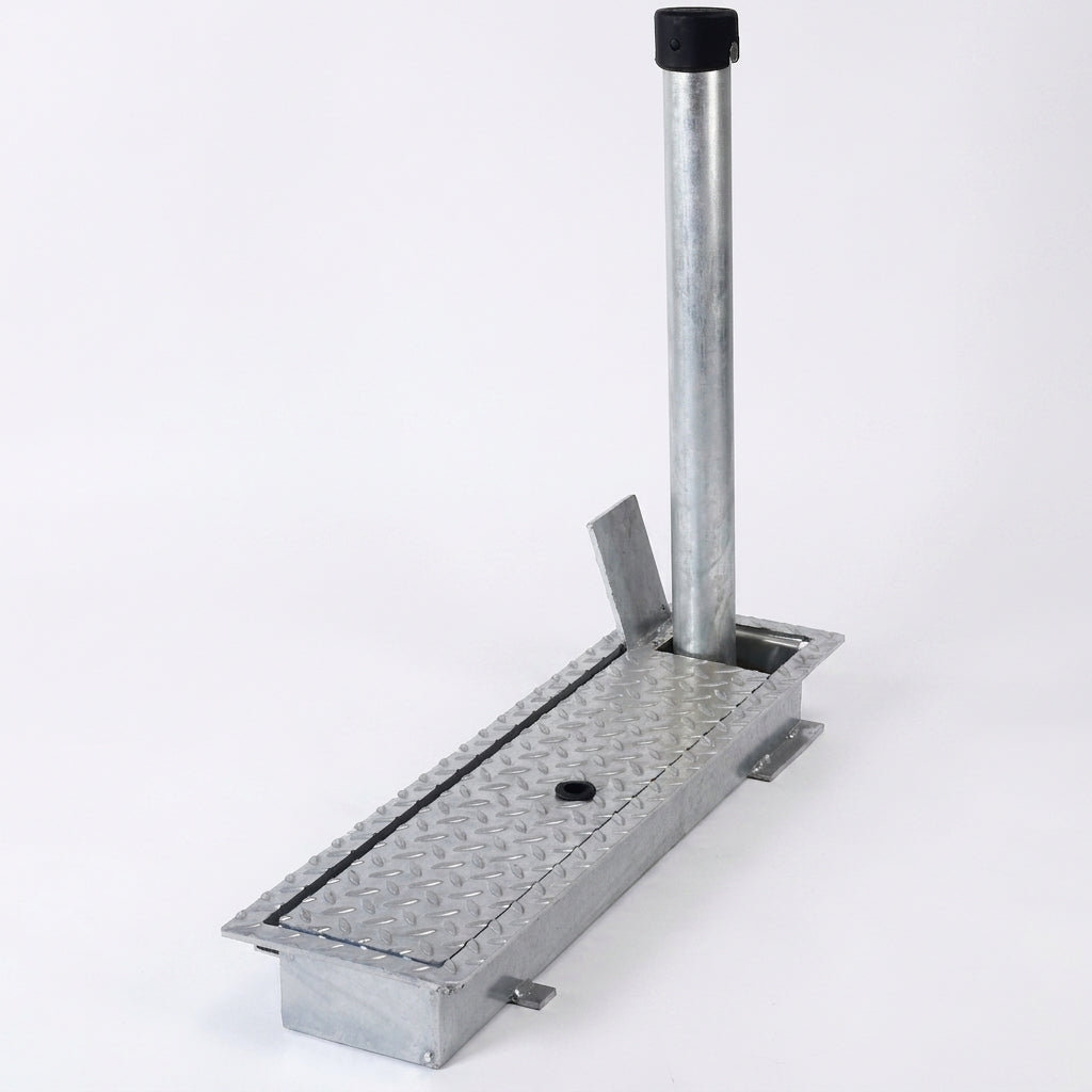 Galvanised steel fold down parking post with black locking top cap and chequer plate ground plate, on a white background