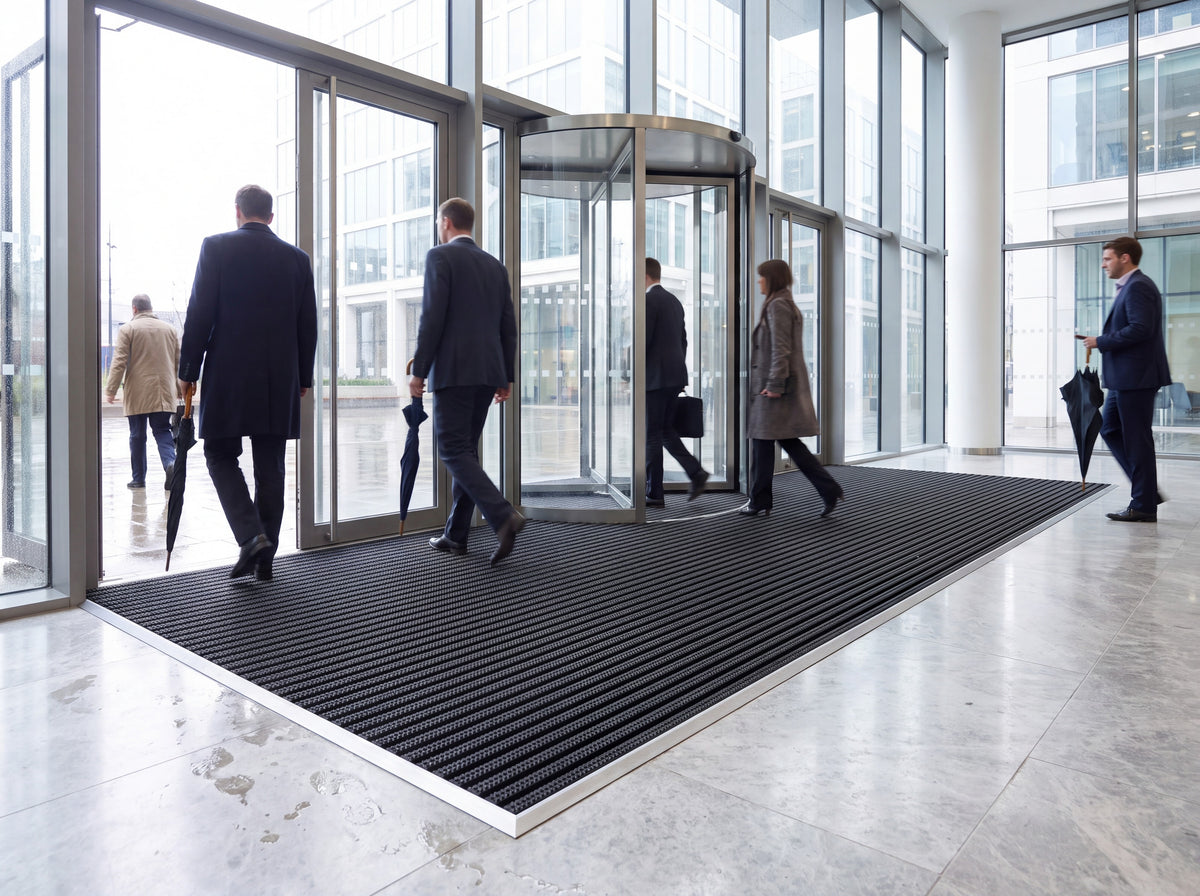 Black Frontrunner Entry 14mm open-grid entrance matting recessed in an aluminium matwell across a corporate office entrance on a rainy morning