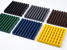 Frontrunner Entry matting samples in all six colours: black, dark grey, dark brown, holly green, Oxford blue and yellow