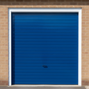 Blue gloss paint freshly applied to an up-and-over garage door on a UK house