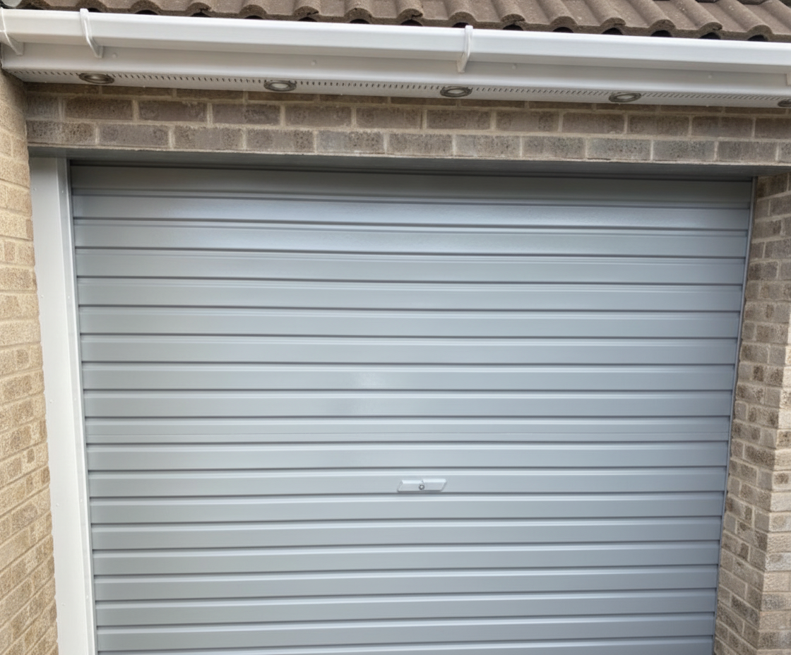 Light grey gloss paint freshly applied to an up-and-over garage door on a UK house