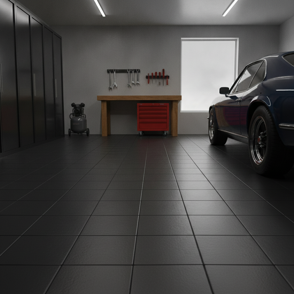 Black interlocking PVC garage floor tiles fitted in a home garage workshop with car and workbench