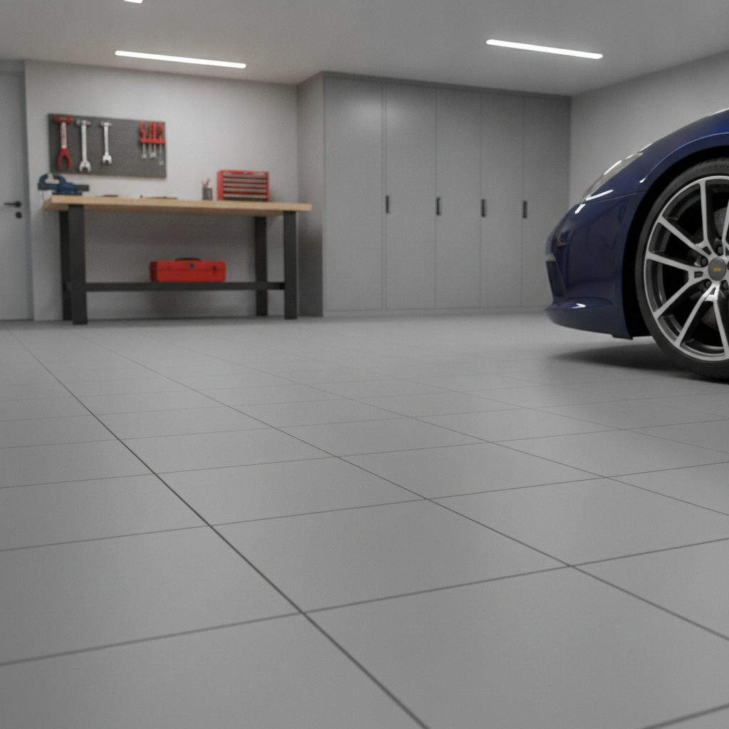 Grey interlocking PVC garage floor tiles fitted in a home garage with sports car and cabinets