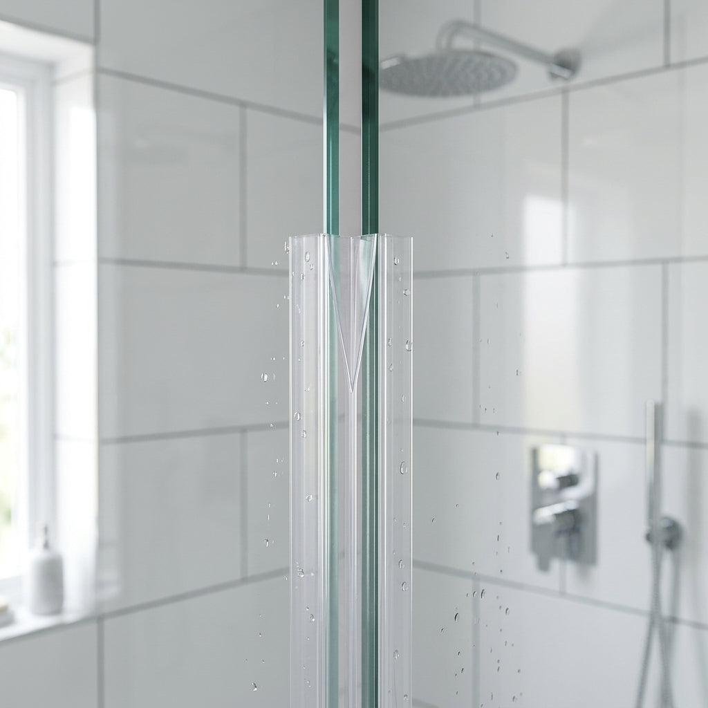 Clear U-section seal on the vertical edge of 8-10mm glass closing the corner gap to a second panel