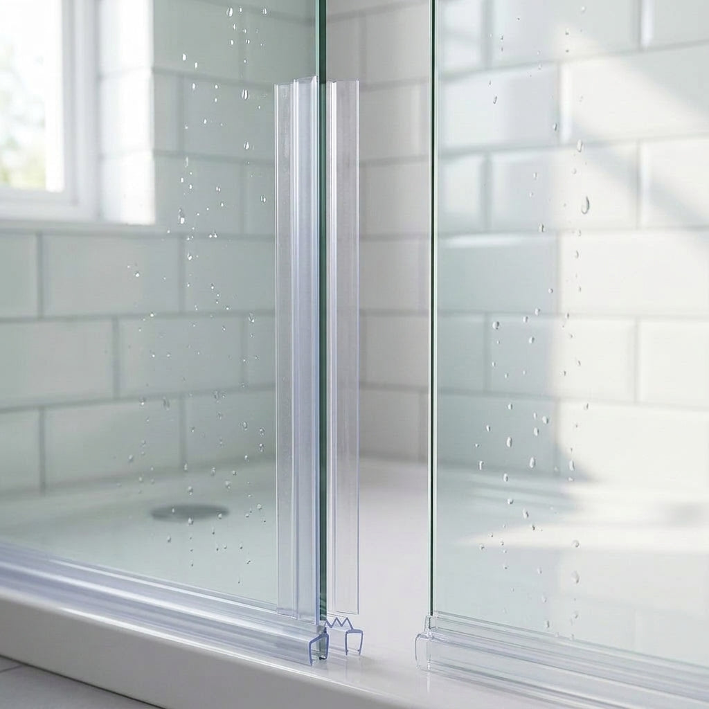 Clear U-section seal gripping 4-6mm glass, blade spanning the vertical gap to the next shower panel