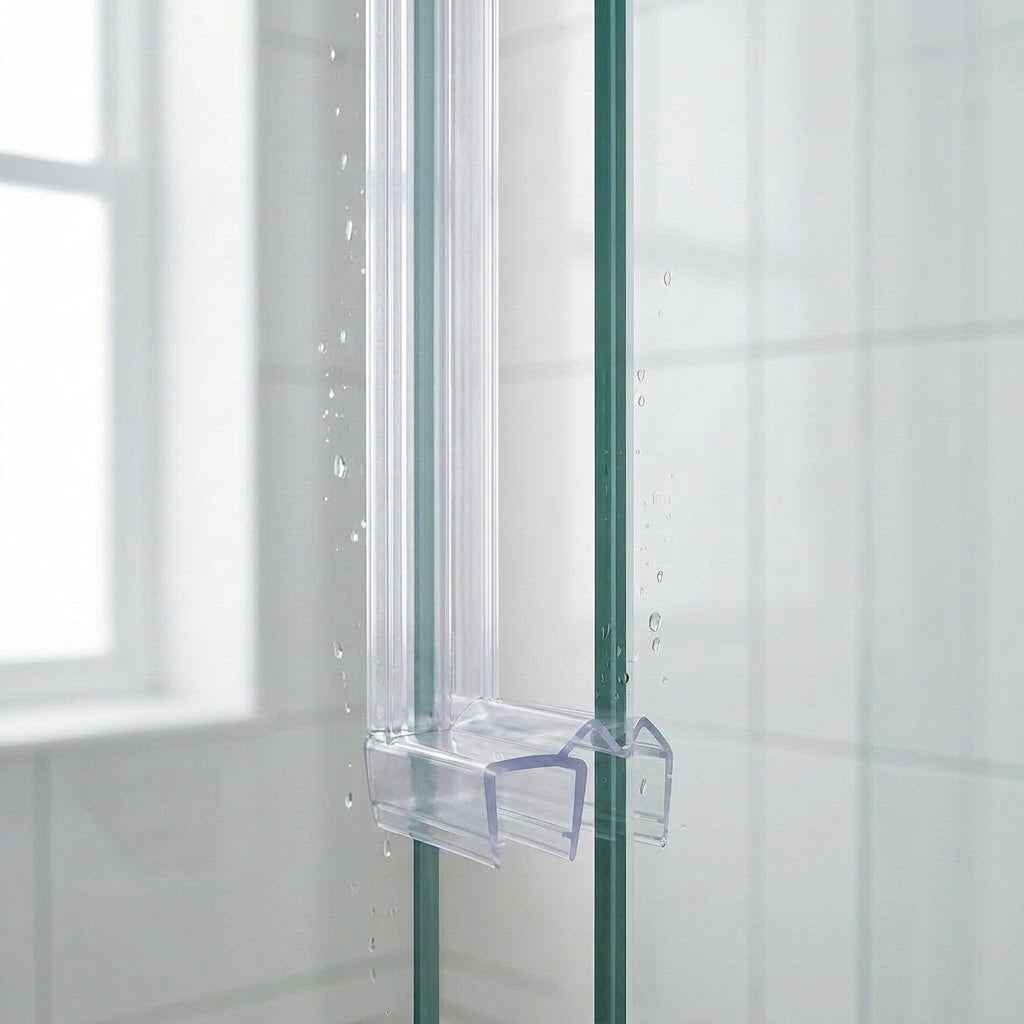 Clear U-section seal gripping 6-8mm glass, blade spanning a wide vertical gap to the next panel