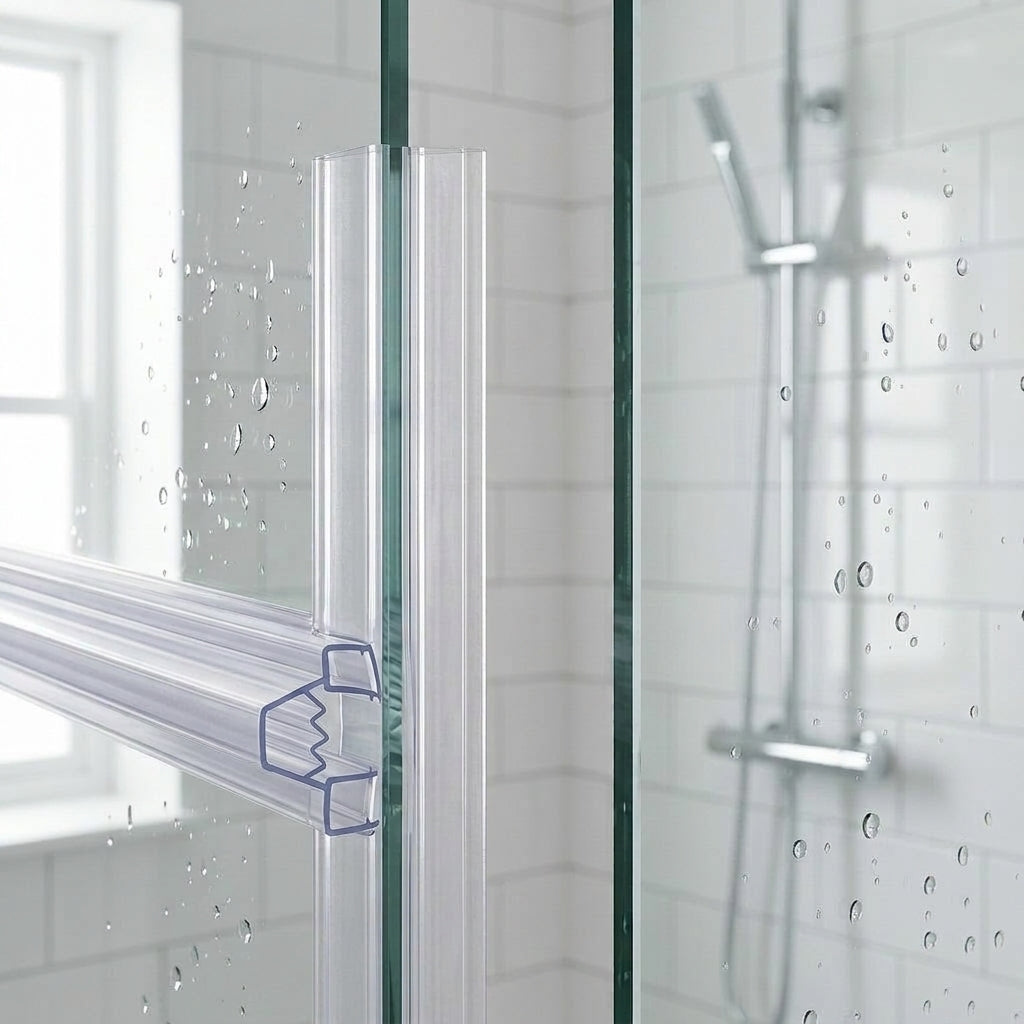 Clear U-section seal on 8-10mm glass with extra-long blade spanning a gap of up to 40mm