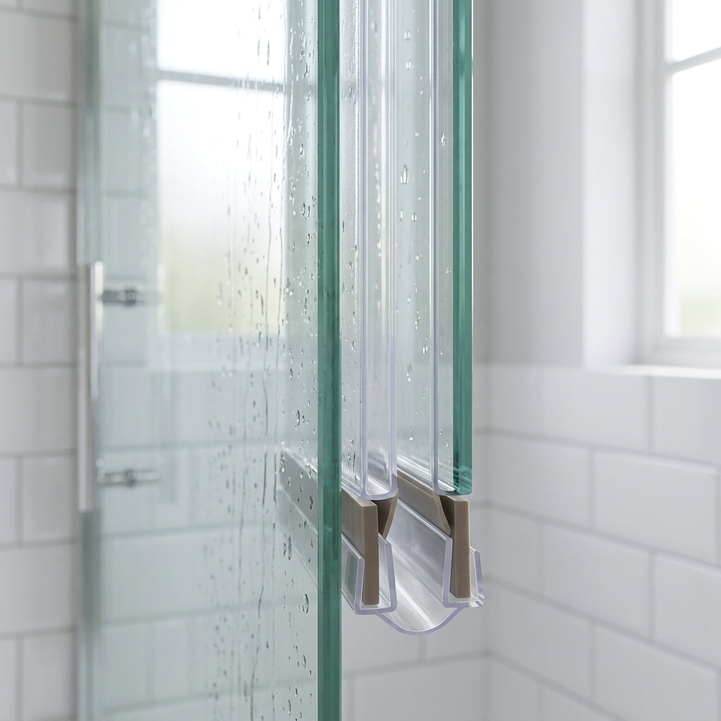 Clear U-section seal on thick 8-10mm glass closing a gap of up to 24mm to the adjacent panel