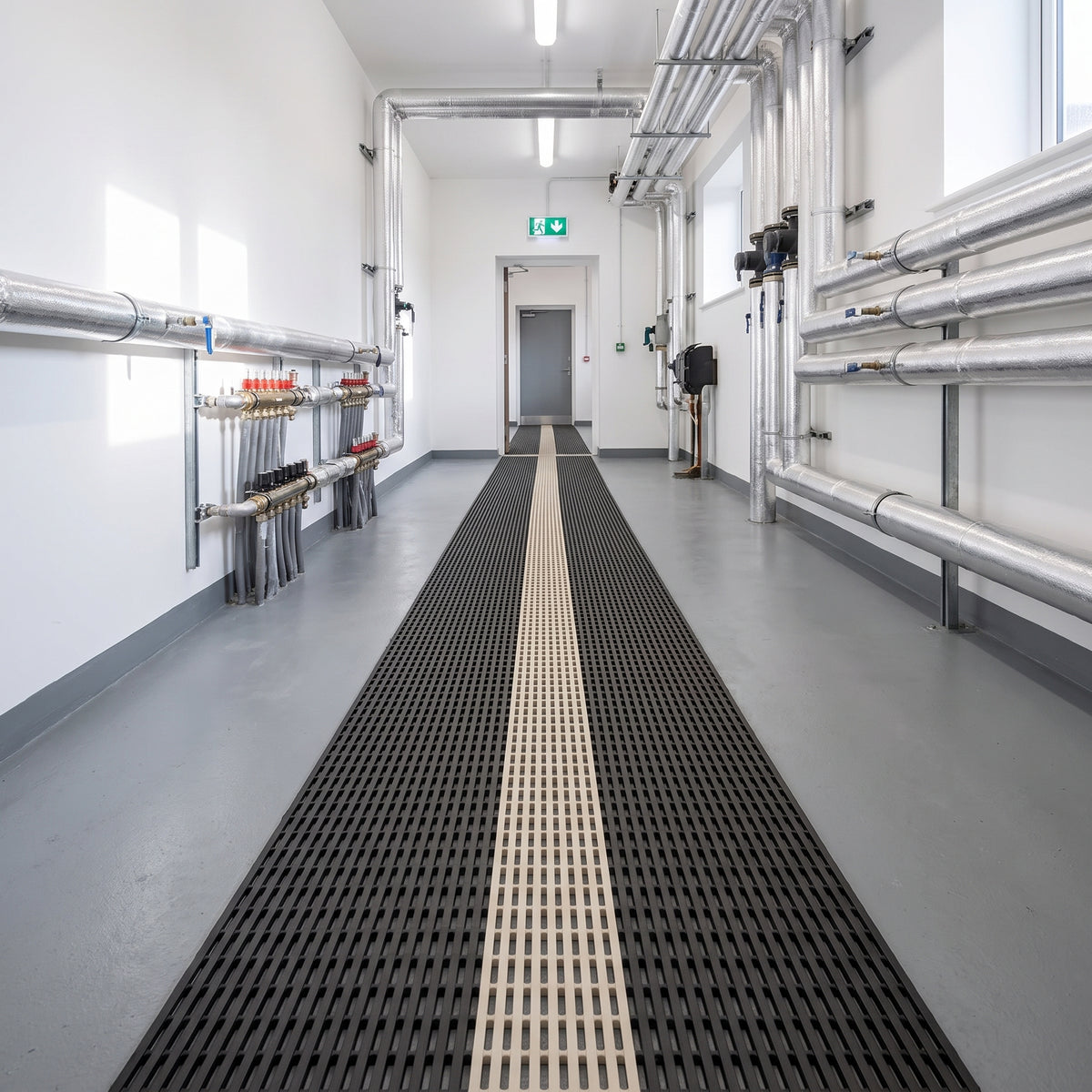 Black open-grid escape route matting with a pale photoluminescent centre band running the length of a clean plant room corridor to the fire exit