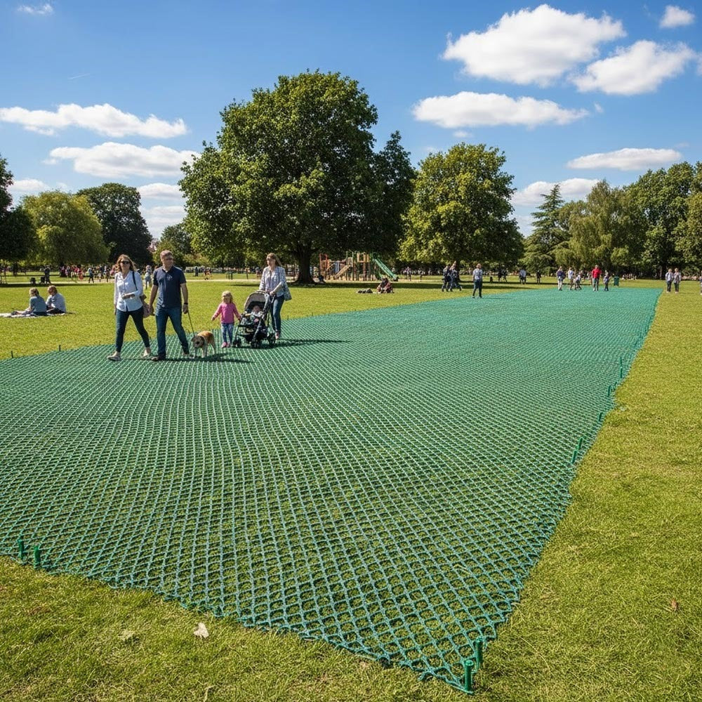 grass protection mesh installed in park walkway for pedestrian use
