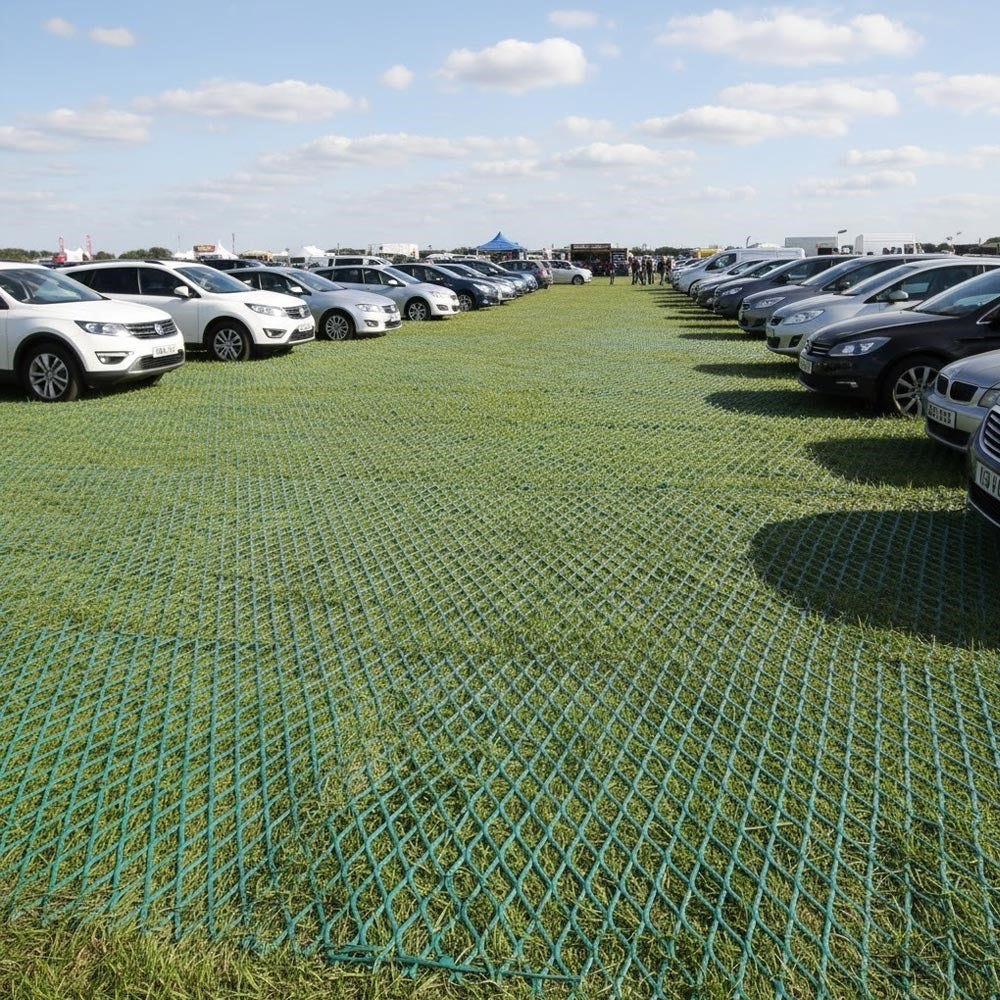 grass protection mesh installed on field for parking and access routes