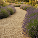 Beige gravel garden path through a lavender border with the honeycomb stabilisation grid exposed at one point