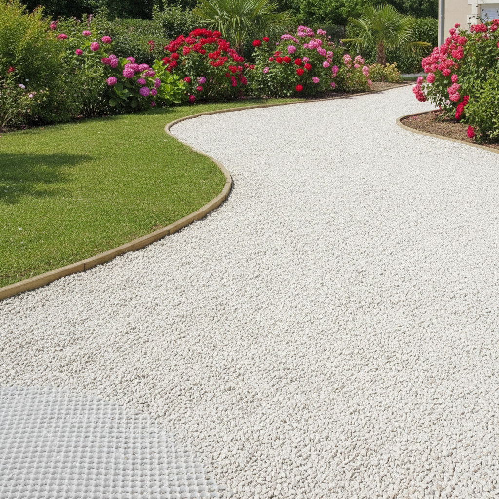 White gravel garden path curving past a flower border with the honeycomb stabilisation grid visible at the edge