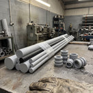 Strapped bundle of grey and black PVC bar on a workshop bench, turned bushes and swarf beside it, lathe behind
