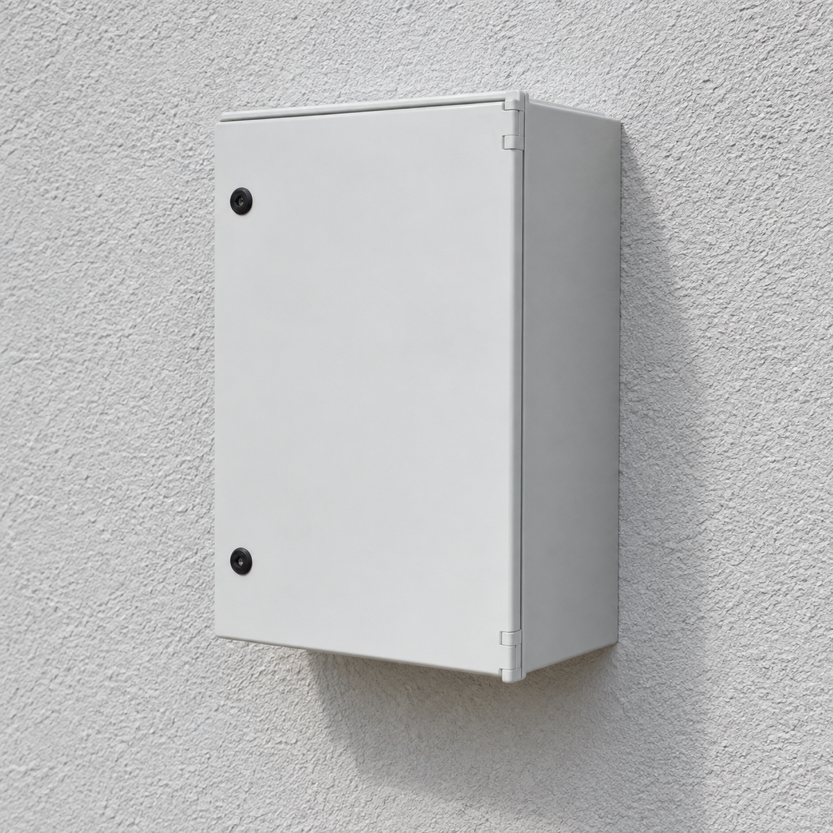 Illustrative wall-mounted grey GRP electrical cabinet installation