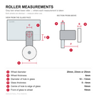 Measurement guide for the grey lower shower door roller: wheel diameter 20, 23 or 25mm, wheel thickness 6mm, hole in glass 10-13mm, glass 5-6mm, hole centre 18mm from edge, wheel 19mm from glass front