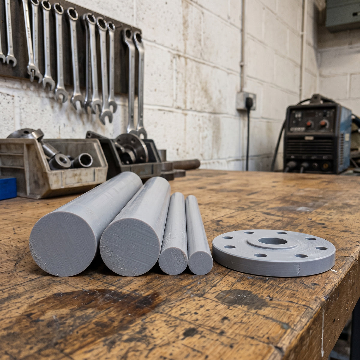 Four solid grey uPVC rods in stepped diameters on a timber workshop bench beside a machined grey uPVC flange