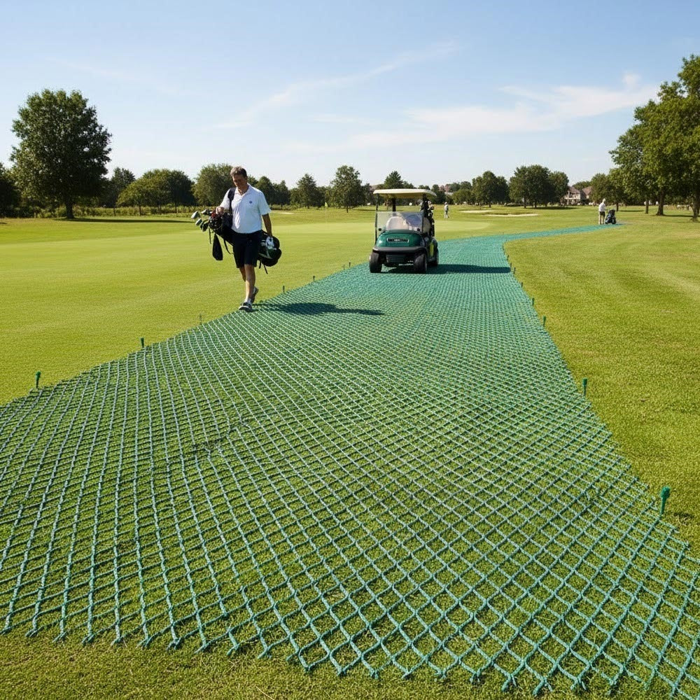 ground reinforcement mesh providing pathway for golf carts and players