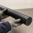 Long black HDPE rod cradled in two grey gloves indoors, brushed circular end face to the right