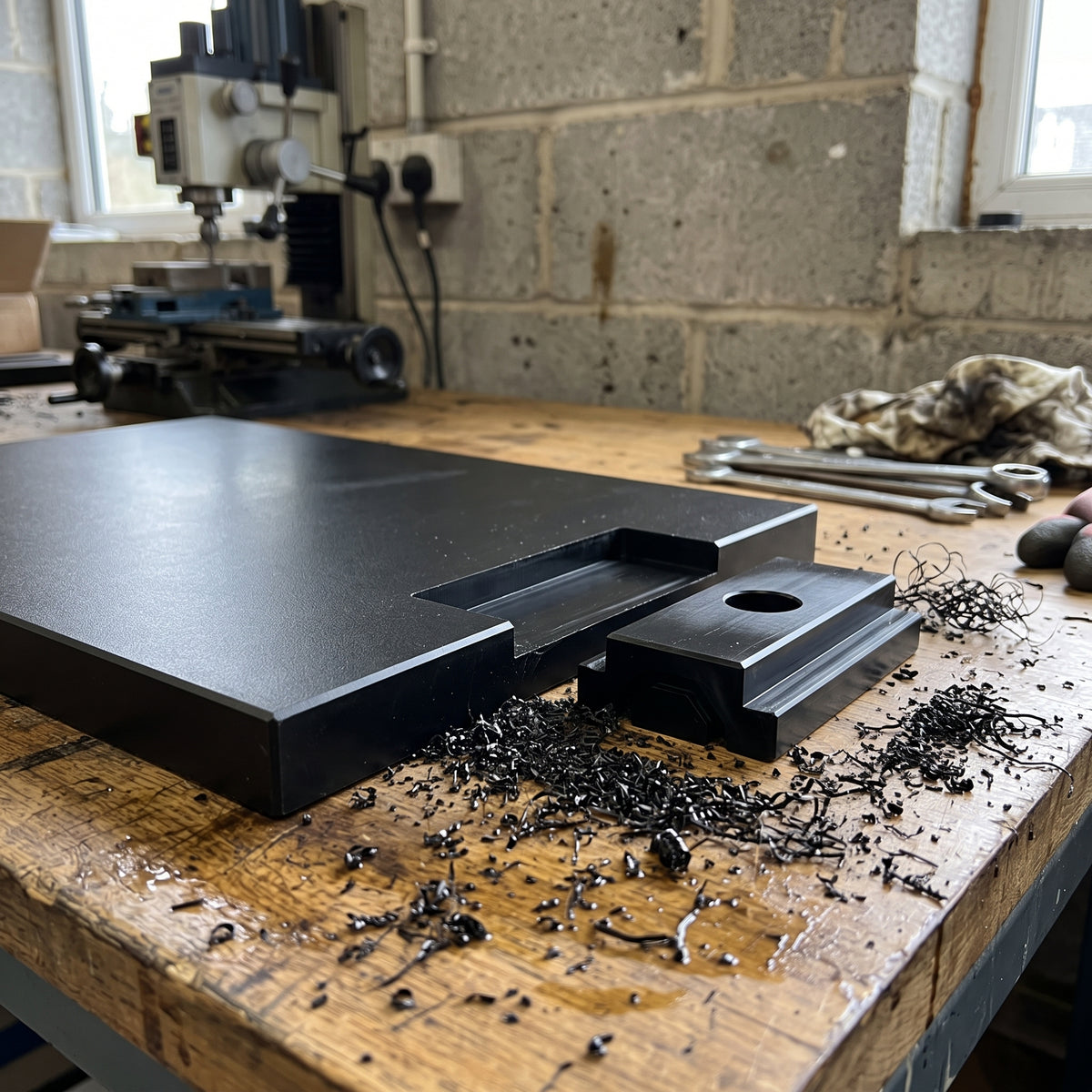 Thick black HDPE slab on a workshop bench with a machined black guide block cut from it, milling machine behind