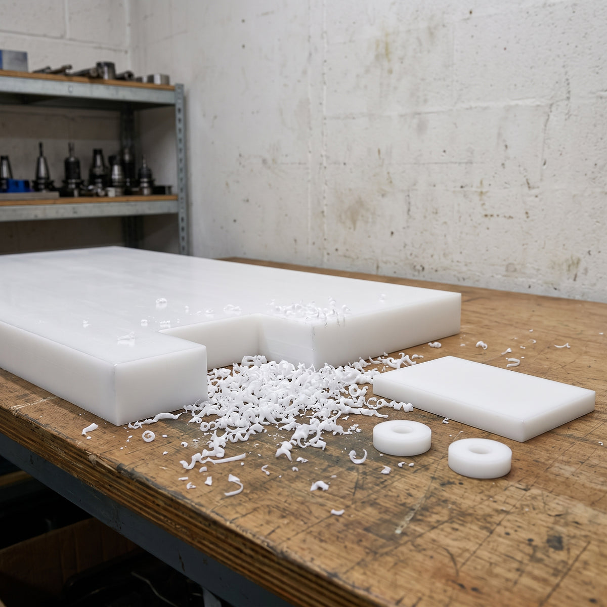 Thick natural white HDPE slab on a workshop bench with a machined wear pad and two spacers cut from it, white swarf around