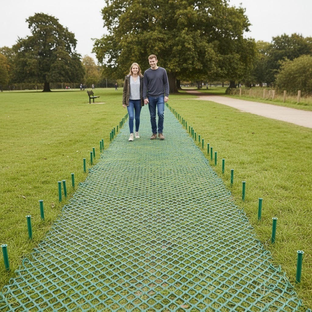 heavy duty 13 mm ground reinforcement mat allowing grass growth and safe pedestrian access.