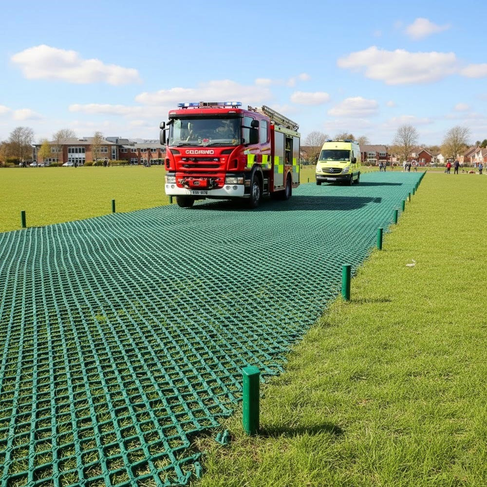 heavy duty ground reinforcement mesh supporting fire truck and ambulance