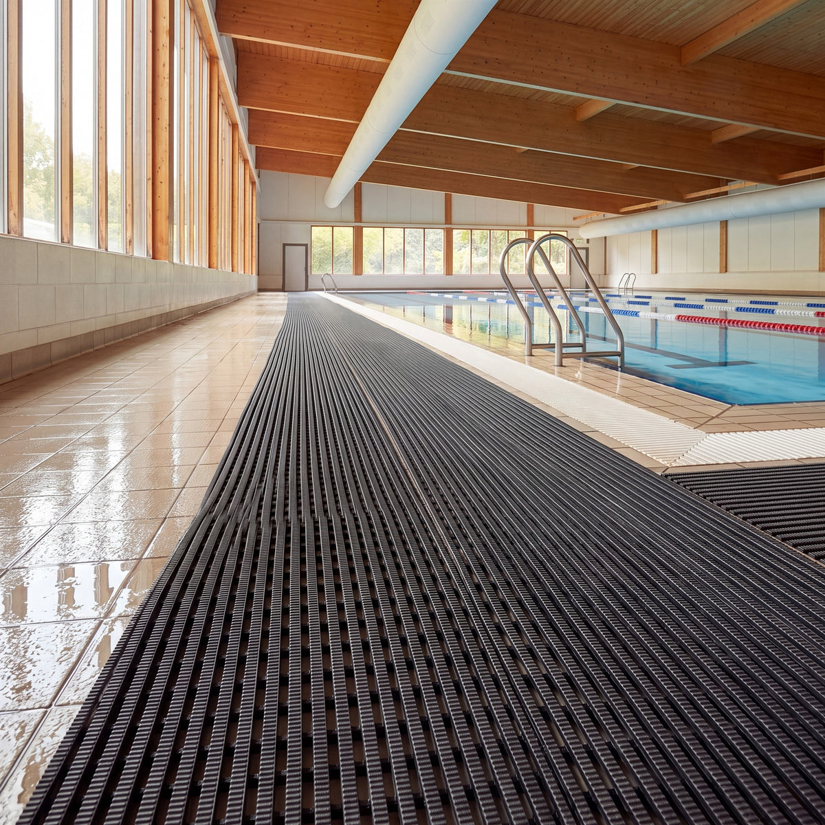Dark grey Heronrib slip-resistant PVC matting laid as a continuous walkway along the wet tiled surround of an indoor leisure centre swimming pool, its fine ribbed surface draining water away from the pool edge.