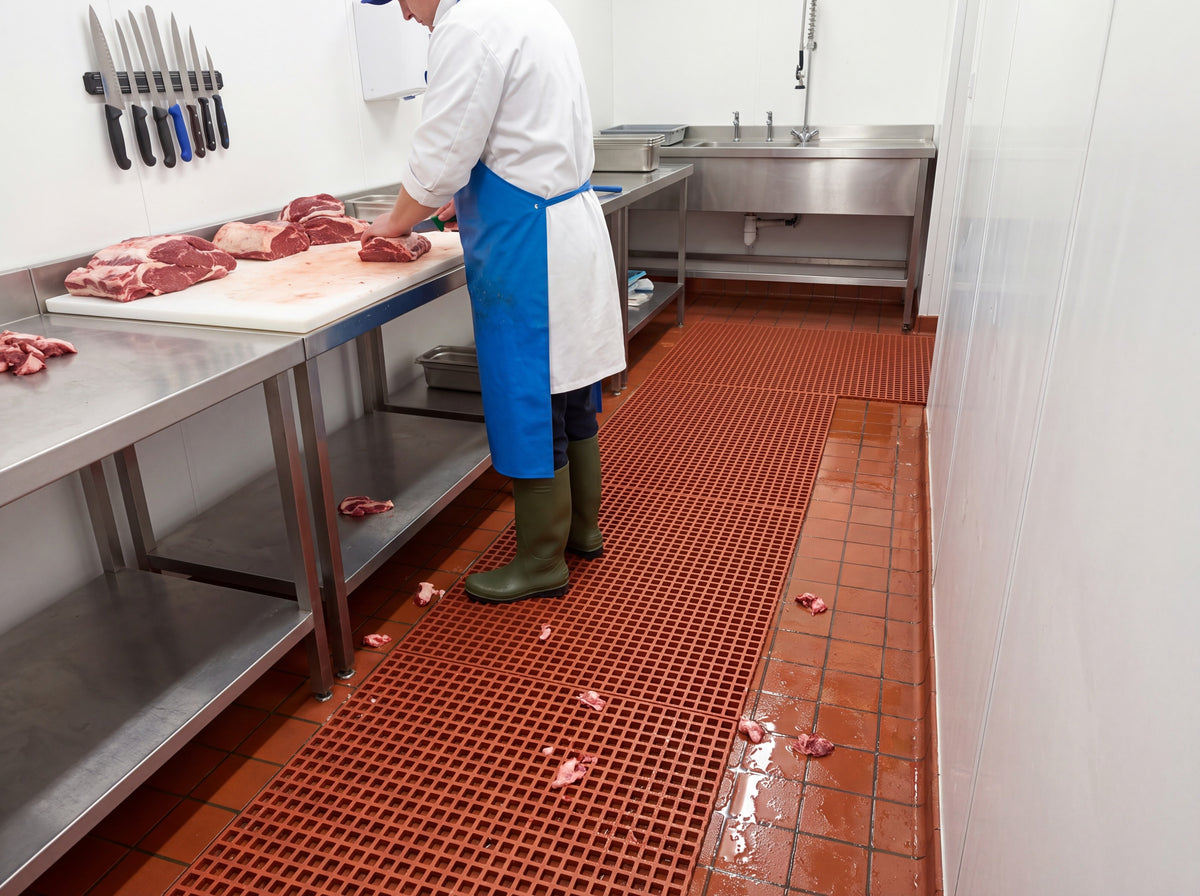 Red grease-resistant open grid matting in a butchery preparation room with offcuts falling through the grid