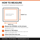 "How to measure" diagram: a window opening with width and height arrows, plus three numbered measuring steps