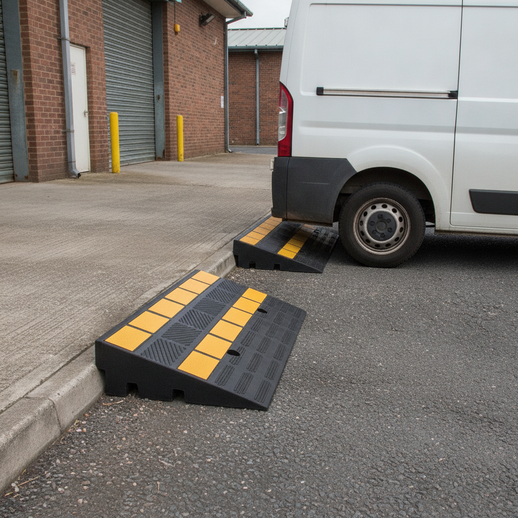 Black and yellow heavy-duty rubber kerb ramps installed at a warehouse loading bay kerb with a van driving over one ramp