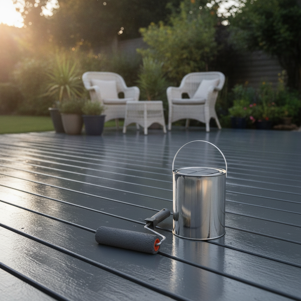 Charcoal grey anti-slip decking paint freshly applied to a garden timber deck with a paint roller and tin resting on the boards in warm evening light