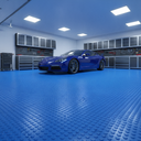 Blue studded interlocking floor tiles filling a bright garage, blue sports car and grey cabinets behind