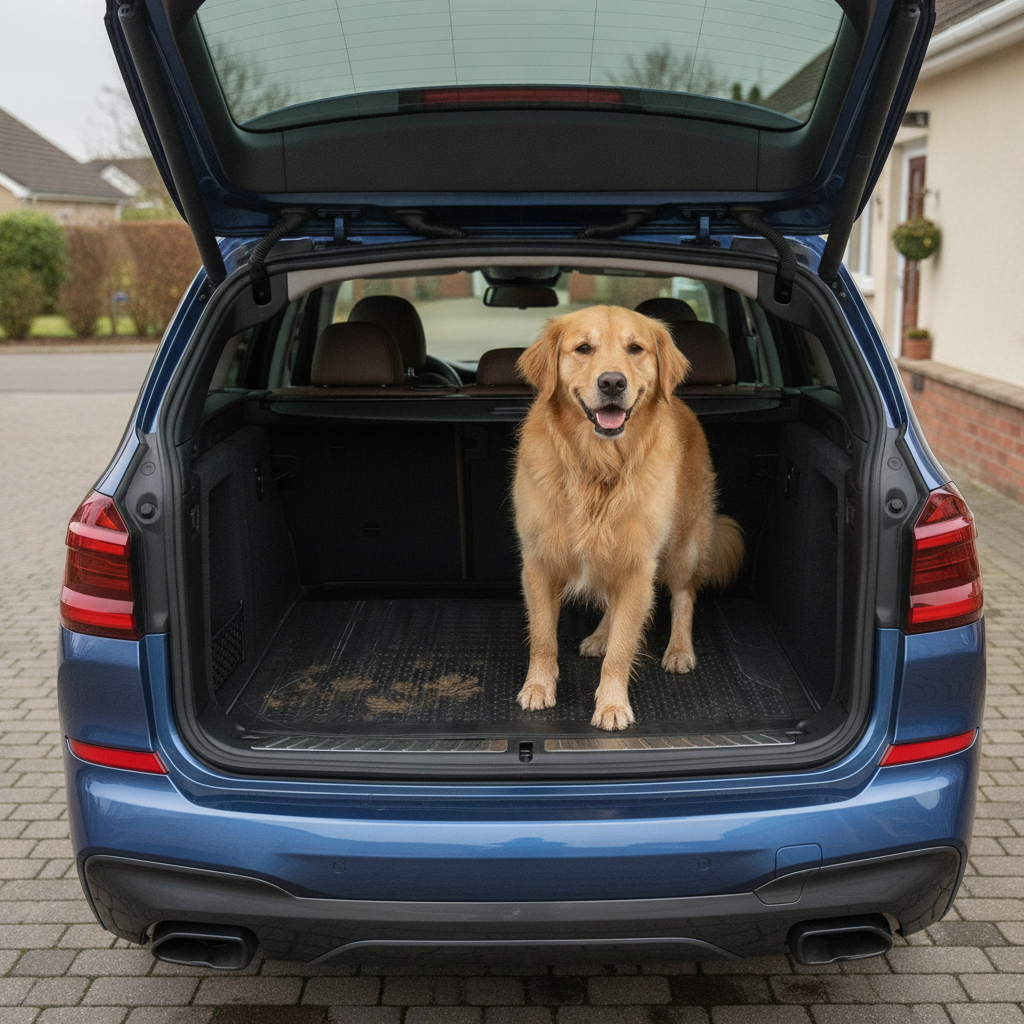 Golden retriever standing on a black rubber car boot liner mat in an open estate car boot