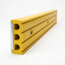 Yellow polyurethane loading dock buffer with steel backing plate and fixing holes, on a white background