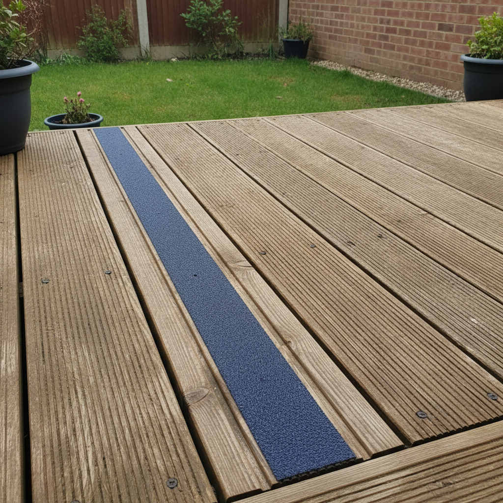 Black anti-slip decking strip installed on outdoor timber decking boards