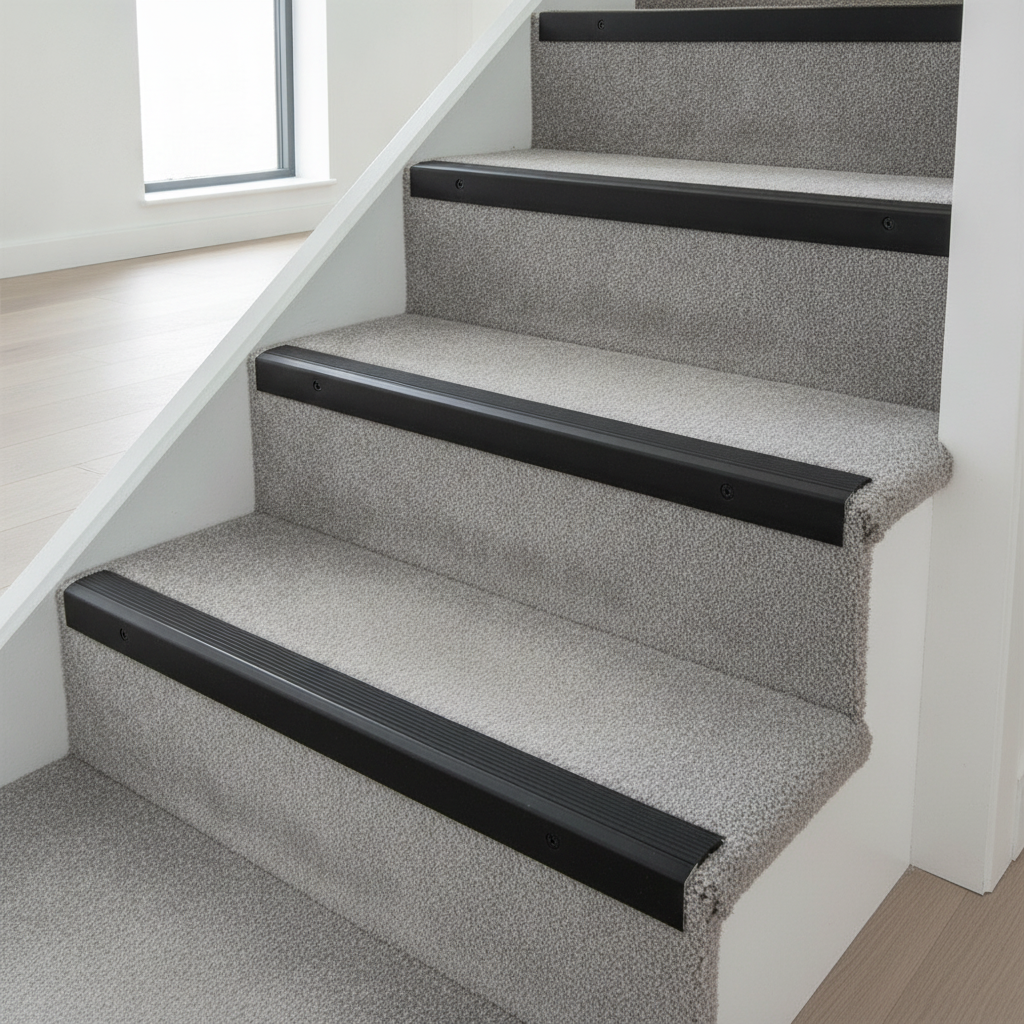 Aluminium anti-slip stair nosing in Anodised Black with Black Insert installed on carpeted stairs