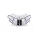 Two clear magnetic seal profiles meeting at an angle on white, black magnet strips touching at the centre