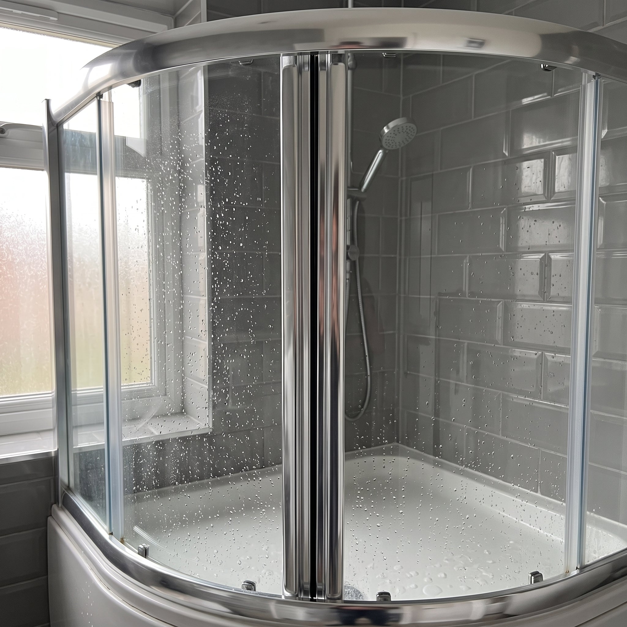 Pair of chrome magnetic shower seals holding the doors of a quadrant enclosure closed along their vertical meeting edges