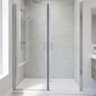 Two glass shower doors closed side by side in a pale-tiled bathroom, seal not visible at this distance