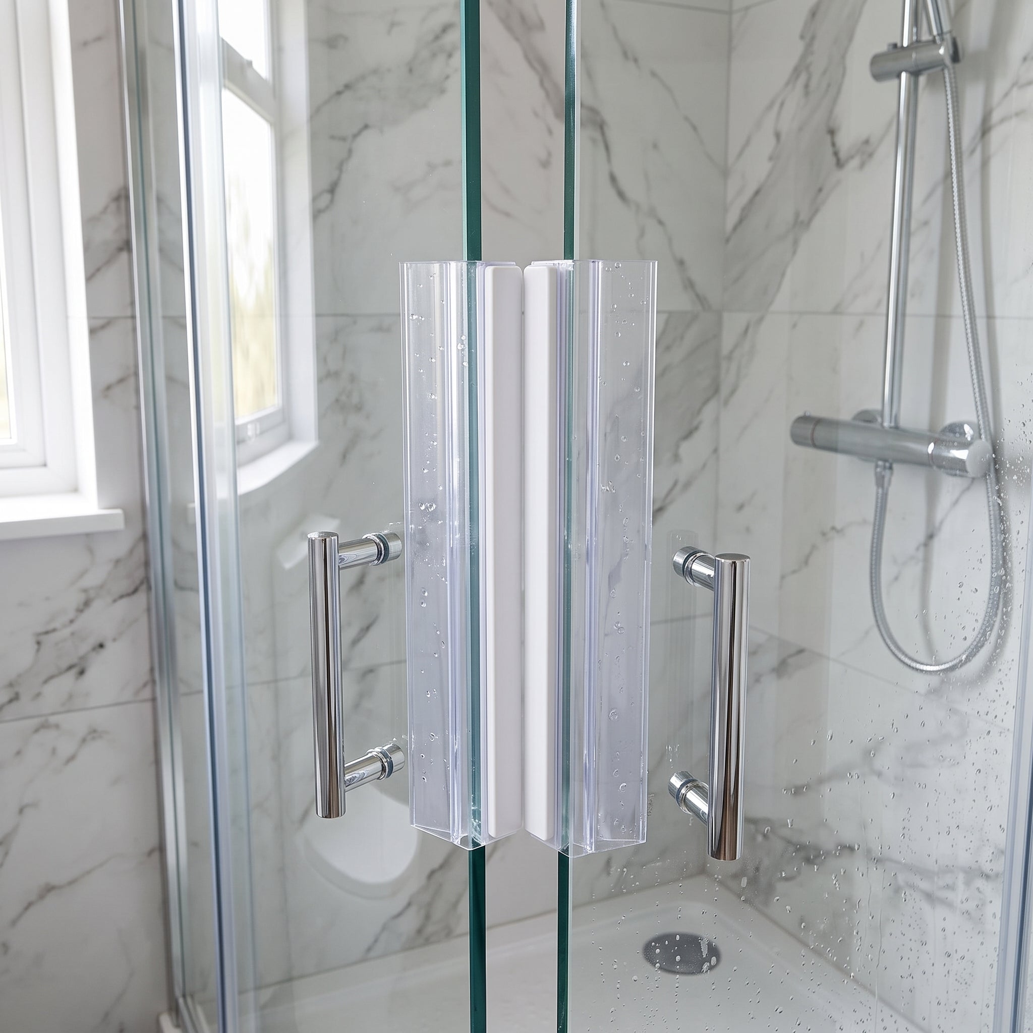 Pair of clear magnetic seals on 8mm glass shower doors, white magnet strips holding the doors closed