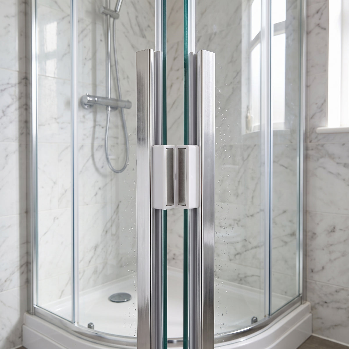 Pair of chrome magnetic seals on 8-10mm glass shower doors, white magnet housings holding the doors closed