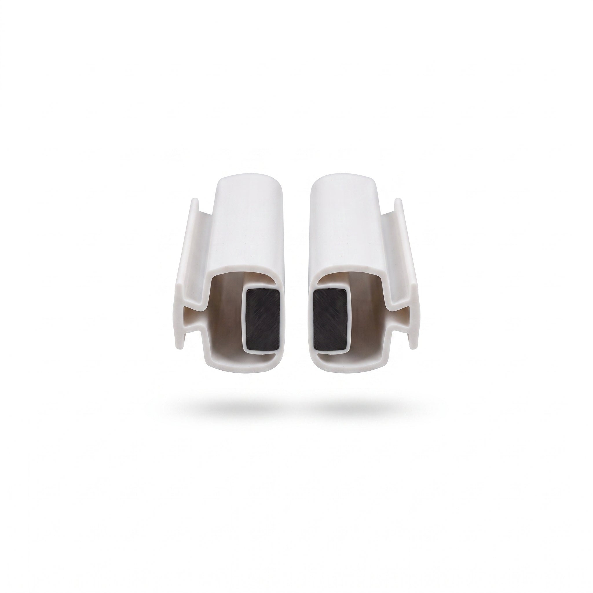 White magnetic channel seal pair - 11mm T-piece with encased black magnet strip, faces meeting