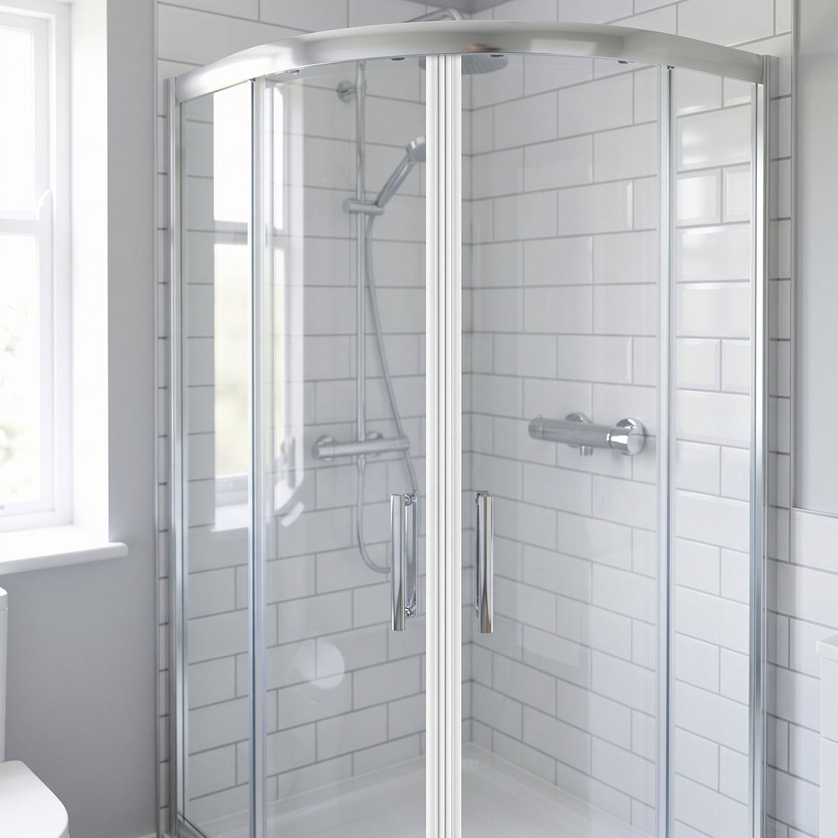 Chrome-framed quadrant shower enclosure with curved doors closed, chrome handles and white metro tiles