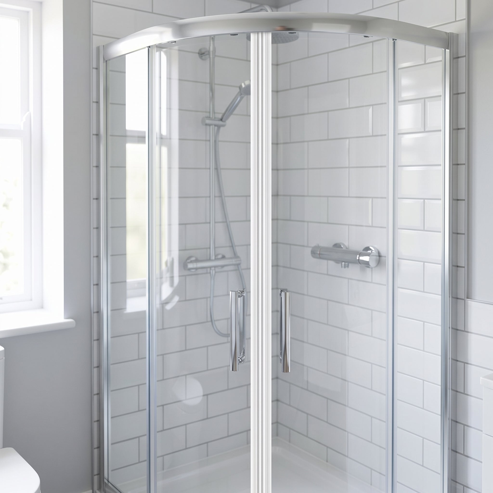 Pair of white MAG008 magnetic seals meeting full height on a closed quadrant shower door