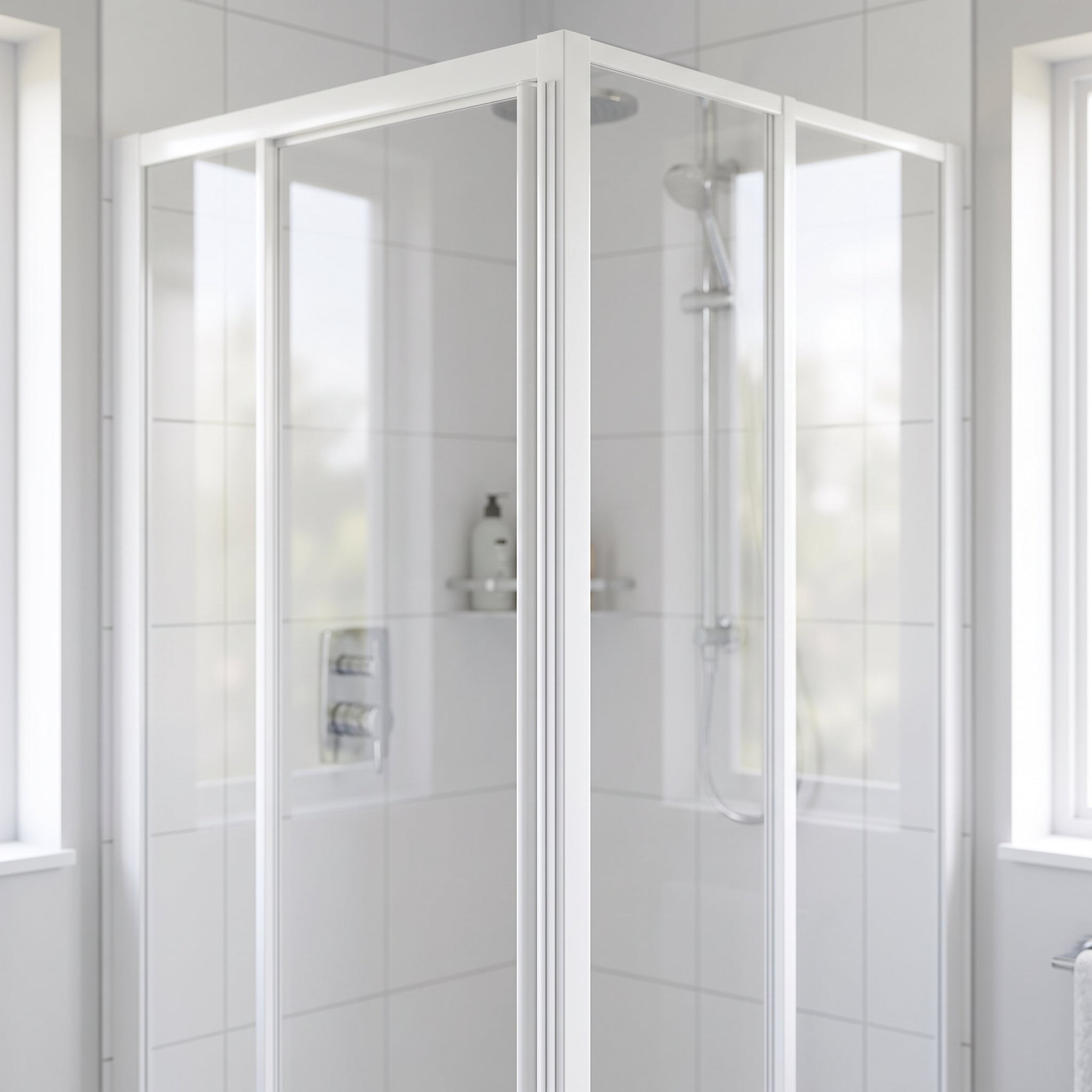 Pair of white MAG009 magnetic channel seals joined in one continuous line down a closed framed shower door