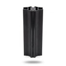 Two tall black seal offcuts standing inline on white, flared tops and feet, meeting down the centre