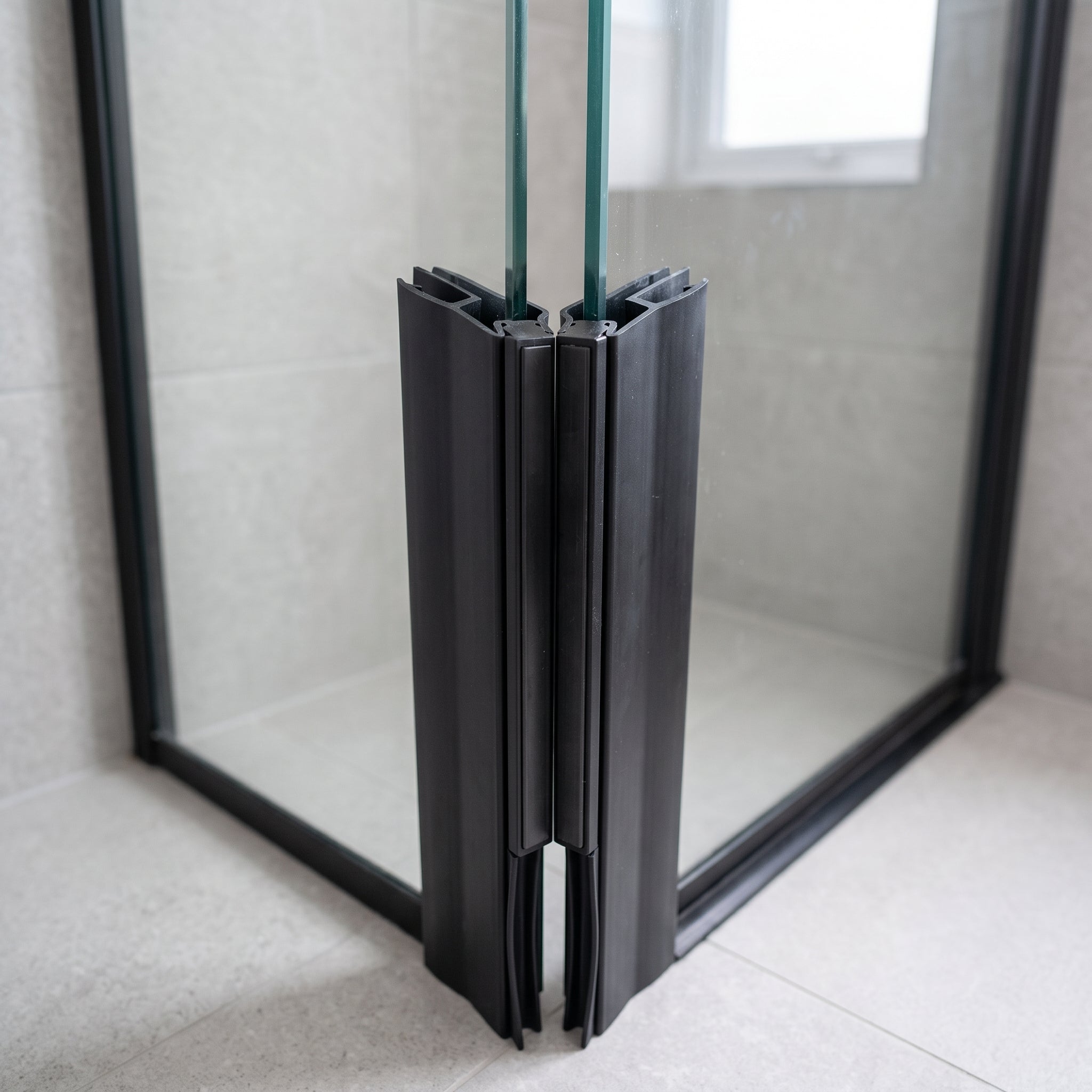 Pair of black magnetic seals on 8-10mm glass doors meeting at a 90 degree corner, black magnet strips holding the doors closed